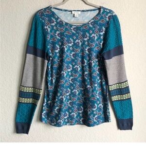Charming Teal Paisley Mixed-Media Long Sleeve Top